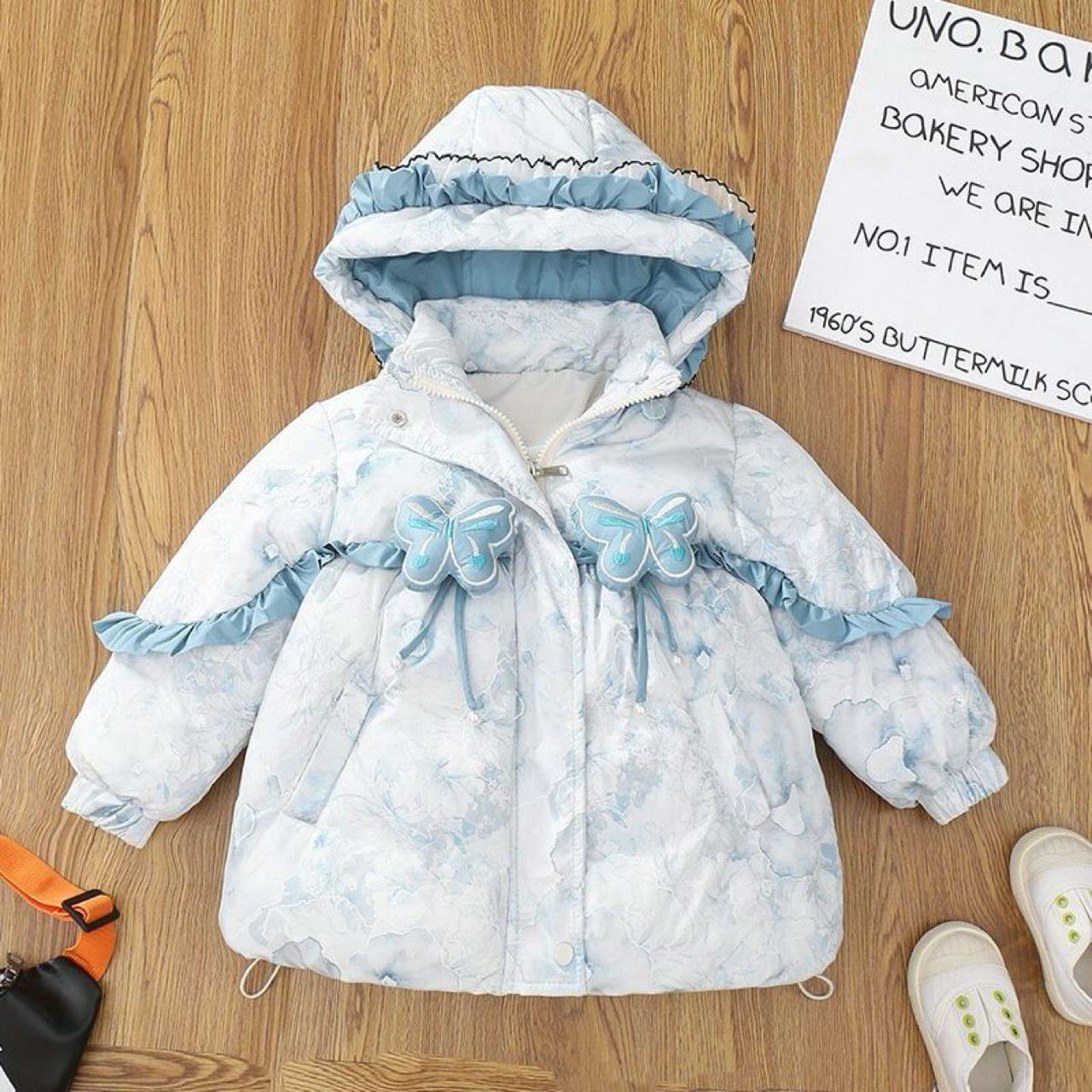 Sky Blue Butterfly Winter Puffer Jacket - Image 3