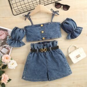 Girls Denim Co-Ord Set with Puff Sleeves