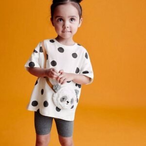 Kids Panda Polka Dot Top & Shorts Set – White & Charcoal