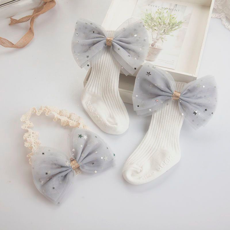Baby Grey Star Bow Socks & Lace Headband Set